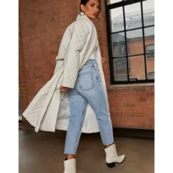 Diamond Quilted Longline Belted Coat in Cream|CHI CHI LONDON Outlet