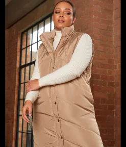 Diamond Quilt Detail Longline Padded Gilet in Tan|CHI CHI LONDON Sale