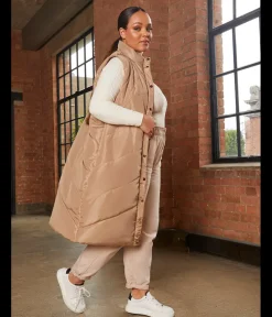 Diamond Quilt Detail Longline Padded Gilet in Tan|CHI CHI LONDON Sale