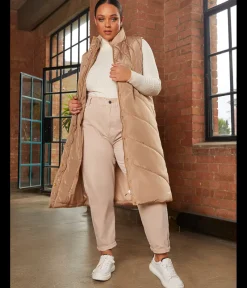 Diamond Quilt Detail Longline Padded Gilet in Tan|CHI CHI LONDON Sale