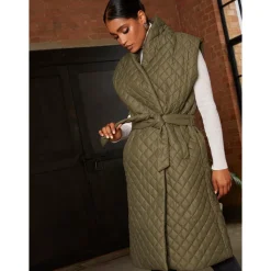 Diamond Quilted Longline Belted Gilet in Khaki|CHI CHI LONDON Outlet