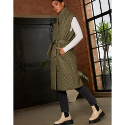 Diamond Quilted Longline Belted Gilet in Khaki|CHI CHI LONDON Outlet