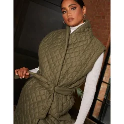 Diamond Quilted Longline Belted Gilet in Khaki|CHI CHI LONDON Outlet