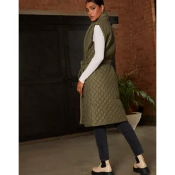 Diamond Quilted Longline Belted Gilet in Khaki|CHI CHI LONDON Outlet