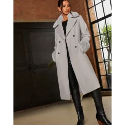 Double Breasted Faux Fur Trim Coat in Grey|CHI CHI LONDON Outlet