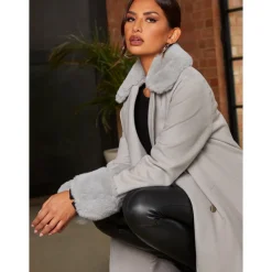 Double Breasted Faux Fur Trim Coat in Grey|CHI CHI LONDON Outlet