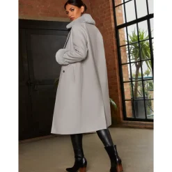 Double Breasted Faux Fur Trim Coat in Grey|CHI CHI LONDON Outlet