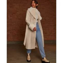 Faux Leather Longline Coat with Faux Fur Trim in Taupe|CHI CHI LONDON Outlet
