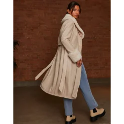 Faux Leather Longline Coat with Faux Fur Trim in Taupe|CHI CHI LONDON Outlet
