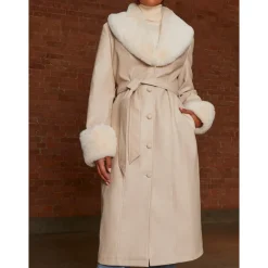 Faux Leather Longline Coat with Faux Fur Trim in Taupe|CHI CHI LONDON Outlet