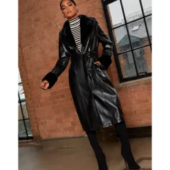 Faux Leather Longline Coat with Faux Fur Trim in Black|CHI CHI LONDON Best