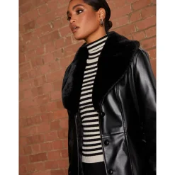 Faux Leather Longline Coat with Faux Fur Trim in Black|CHI CHI LONDON Best