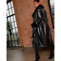 Faux Leather Longline Coat with Faux Fur Trim in Black|CHI CHI LONDON Best