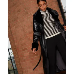 Faux Leather Longline Coat with Faux Fur Trim in Black|CHI CHI LONDON Best