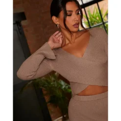Flute Sleeve Wrap Detail Rib Knit Top in Mocha|CHI CHI LONDON Sale