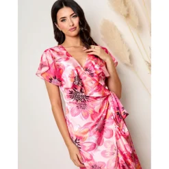 Flutter Sleeve Satin Wrap Dress in Pink|CHI CHI LONDON Discount
