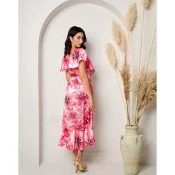 Flutter Sleeve Satin Wrap Dress in Pink|CHI CHI LONDON Discount