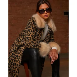 Leopard Print Contrast Faux Fur Trim Coat in Brown|CHI CHI LONDON New