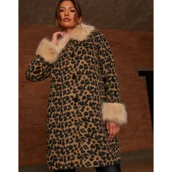 Leopard Print Contrast Faux Fur Trim Coat in Brown|CHI CHI LONDON New