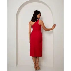One Shoulder Split Detail Midi Dress in Red|CHI CHI LONDON Discount