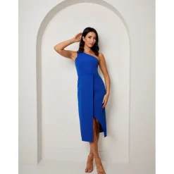 One Shoulder Split Detail Midi Dress in Cobalt|CHI CHI LONDON