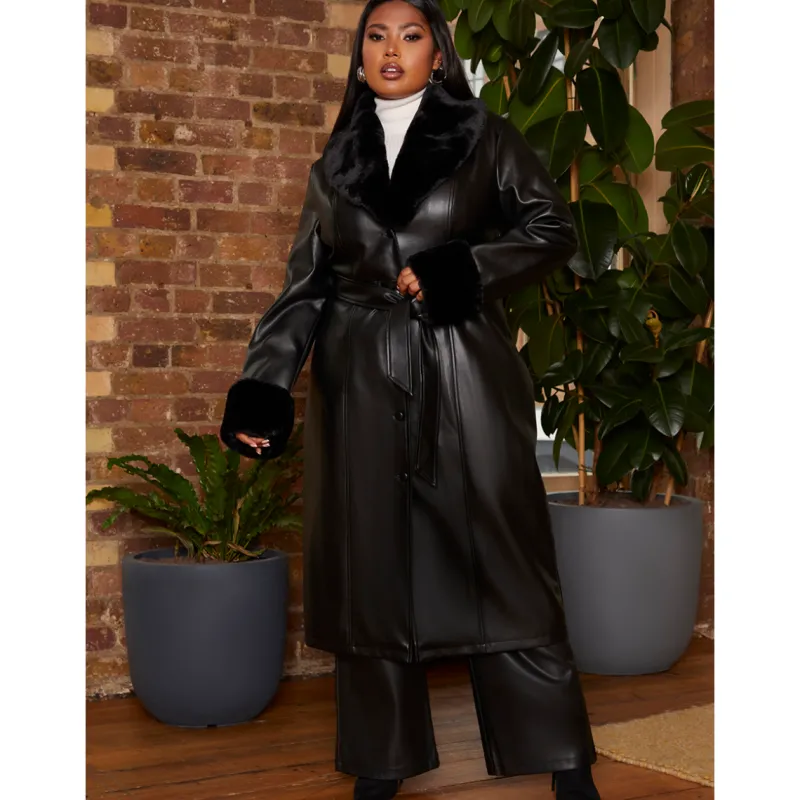 Plus Size Faux Leather Longline Coat with Faux Fur Trim in Black|CHI CHI LONDON Best