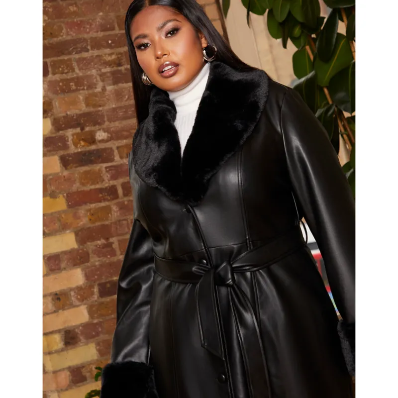 Plus Size Faux Leather Longline Coat with Faux Fur Trim in Black|CHI CHI LONDON Best