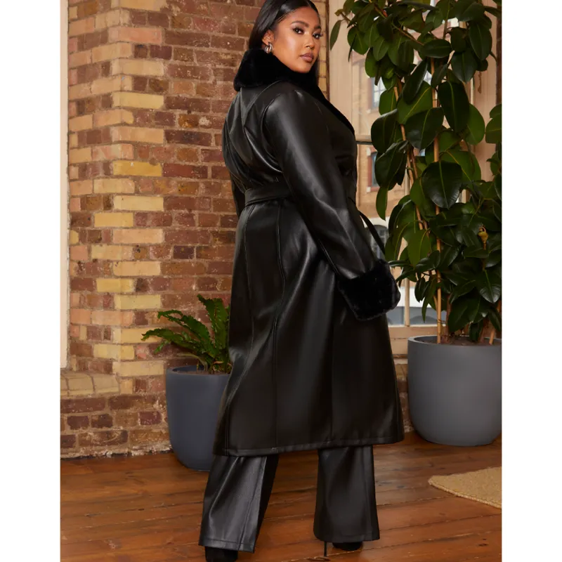 Plus Size Faux Leather Longline Coat with Faux Fur Trim in Black|CHI CHI LONDON Best