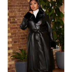 Plus Size Faux Leather Longline Coat with Faux Fur Trim in Black|CHI CHI LONDON Best