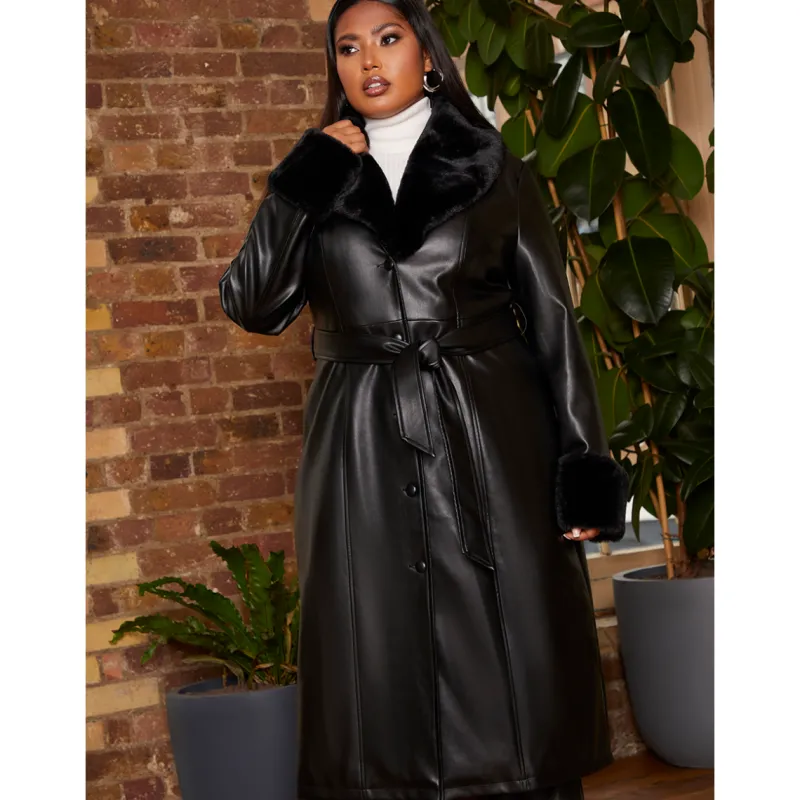 Plus Size Faux Leather Longline Coat with Faux Fur Trim in Black|CHI CHI LONDON Best