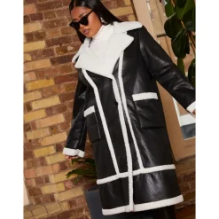Plus Size Contrast Trim Belted Shearling Coat in Black|CHI CHI LONDON Outlet