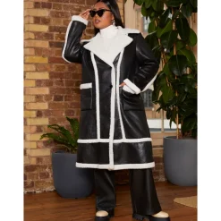 Plus Size Contrast Trim Belted Shearling Coat in Black|CHI CHI LONDON Outlet