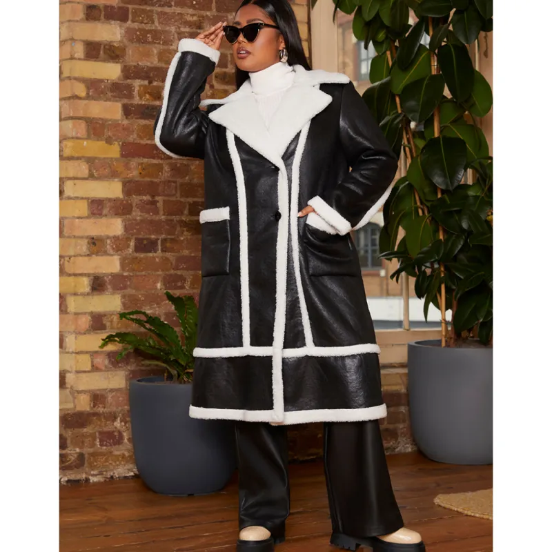 Plus Size Contrast Trim Belted Shearling Coat in Black|CHI CHI LONDON Outlet