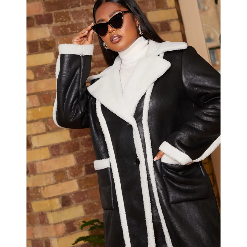 Plus Size Contrast Trim Belted Shearling Coat in Black|CHI CHI LONDON Outlet