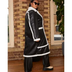 Plus Size Contrast Trim Belted Shearling Coat in Black|CHI CHI LONDON Outlet