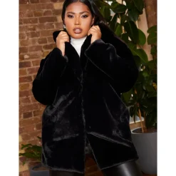 Plus Size Plush Faux Fur Coat in Black|CHI CHI LONDON New
