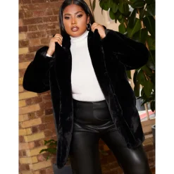 Plus Size Plush Faux Fur Coat in Black|CHI CHI LONDON New