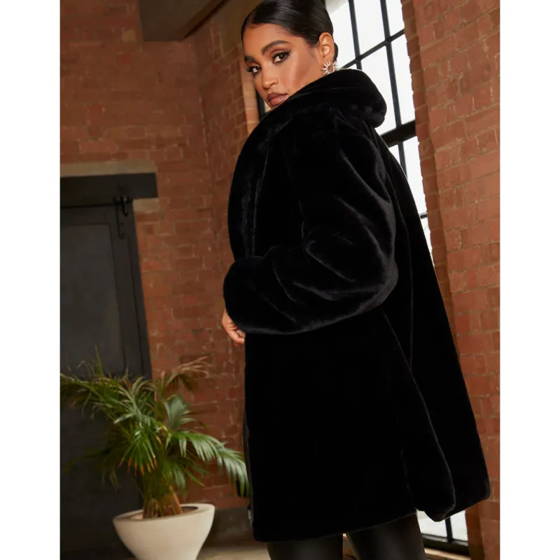 Plush Faux Fur Coat in Black|CHI CHI LONDON Sale