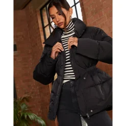 Shirred Waist Short Padded Jacket in Black|CHI CHI LONDON New