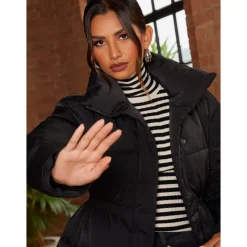 Shirred Waist Short Padded Jacket in Black|CHI CHI LONDON New