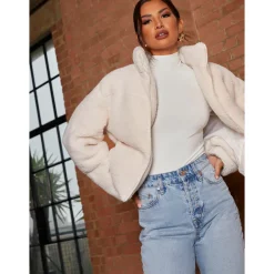 Short Padded Borg Coat in Cream|CHI CHI LONDON