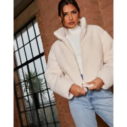 Short Padded Borg Coat in Cream|CHI CHI LONDON