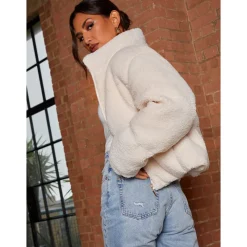 Short Padded Borg Coat in Cream|CHI CHI LONDON