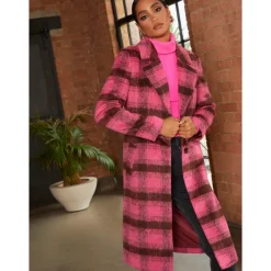 Single Breasted Check Coat in Pink|CHI CHI LONDON Clearance