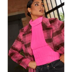 Single Breasted Check Coat in Pink|CHI CHI LONDON Clearance