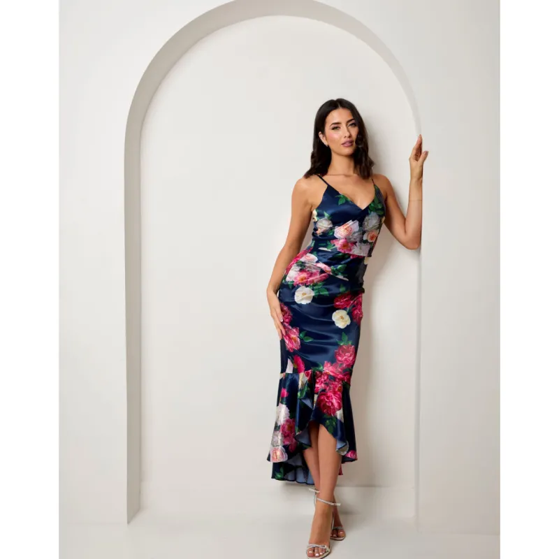 Sleeveless Floral Print Ruffle Hem Midi Dress in Navy|CHI CHI LONDON Online