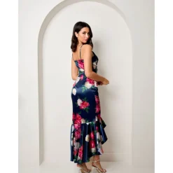 Sleeveless Floral Print Ruffle Hem Midi Dress in Navy|CHI CHI LONDON Online