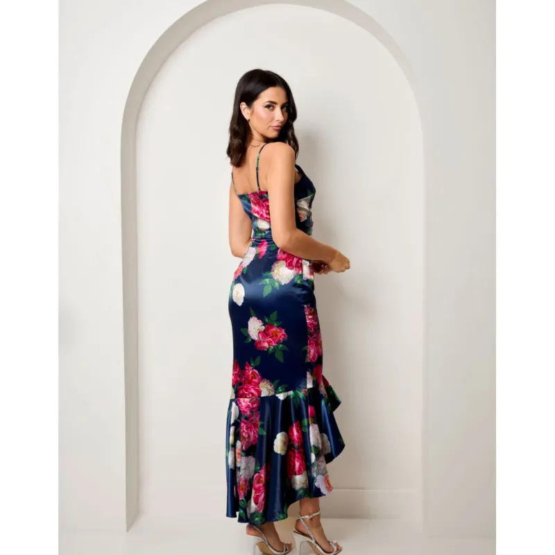 Sleeveless Floral Print Ruffle Hem Midi Dress in Navy|CHI CHI LONDON Online
