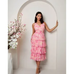 Sleeveless Floral Print Midi Dress in Pink|CHI CHI LONDON Hot
