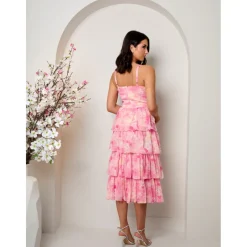 Sleeveless Floral Print Midi Dress in Pink|CHI CHI LONDON Hot